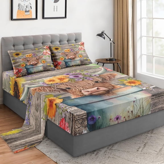 3 Pieces Twin Size Bed Sheet Sets with Pillowcases, Cow Flower Soft Microfiber Bedding Set for Kids and Adults, Flat Sheet, Fitted Sheet for Bedroom Bed Decor