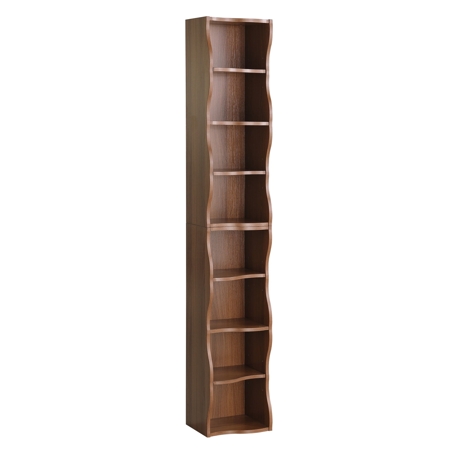 70" Tall Narrow Bookshelf, 8-Tier Cube Display Rack, Modern Wavy Border Design Corner Bookshelf with Adjustable Shelf, CD Storage Cabinet for Home Office, Walnut