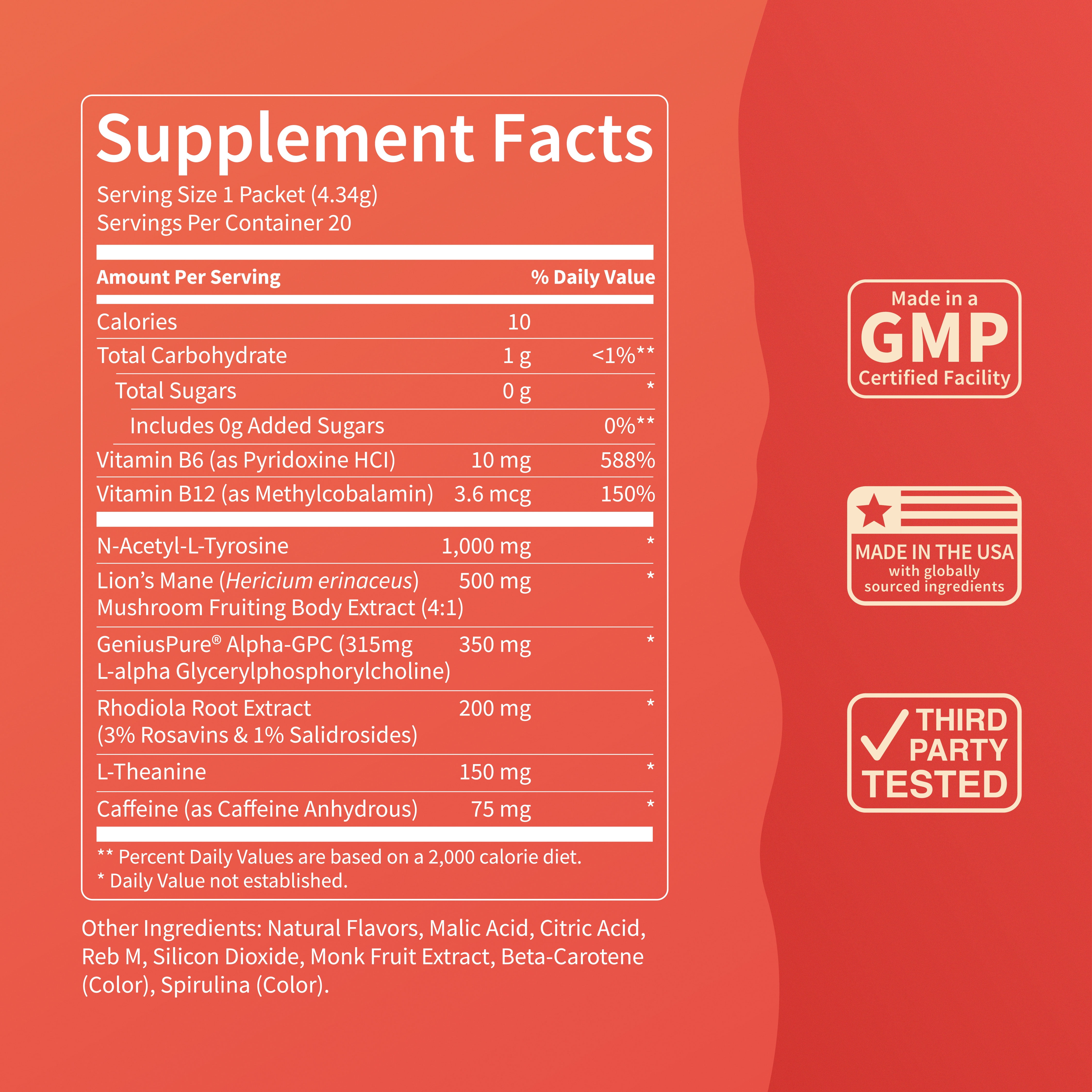 Nello SuperFocus Focus Drink Mix – Fruit Punch Flavor – Alpha GPC, Lion’s Mane, Rhodiola & N-Acetyl L-Tyrosine – Sugar-Free, On-the-Go Packets – 20 Travel Packets -Apple Rush + Caffeine