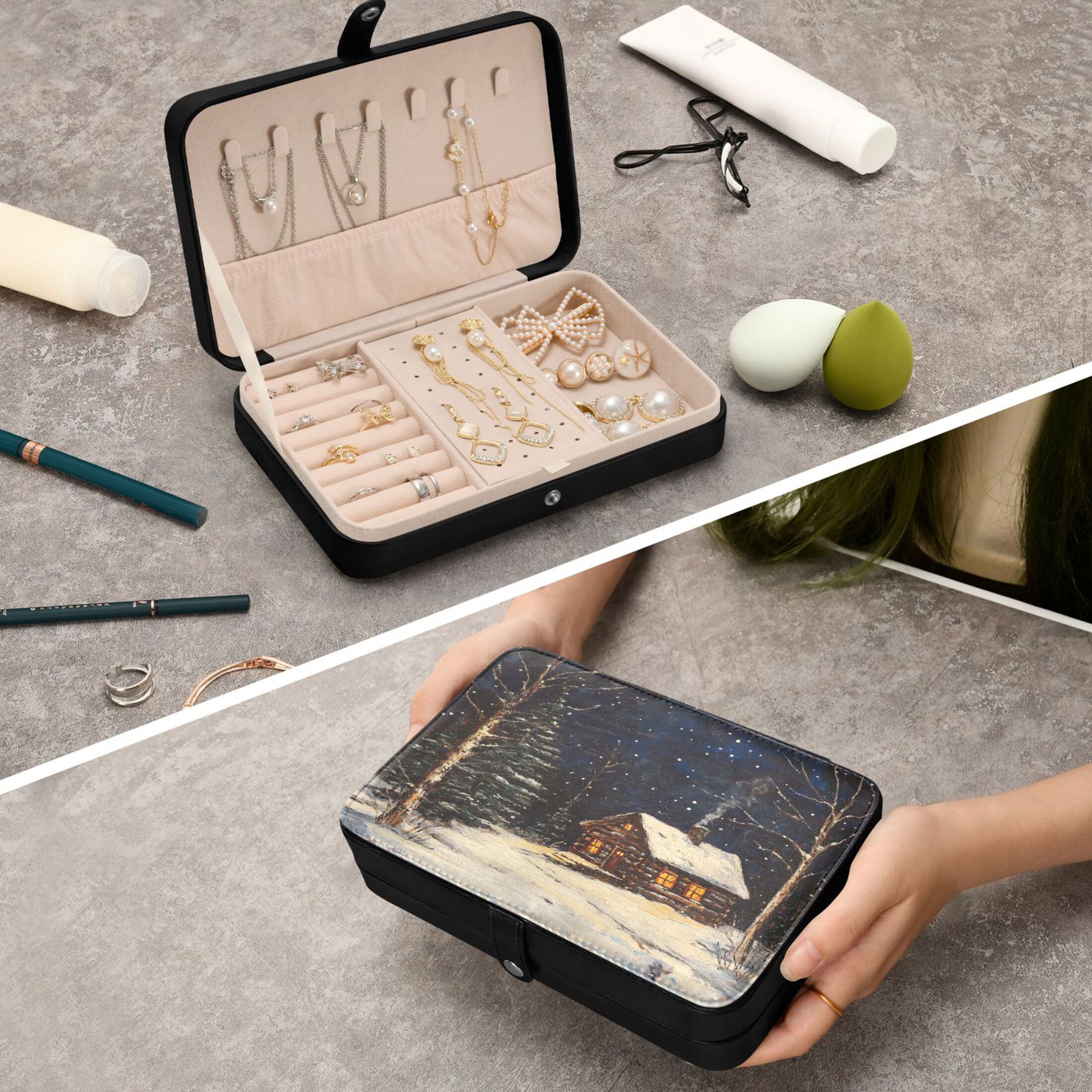 Leather Jewelry Box Rectangular 8.27x5.5x1.78In Travel Jewelry Storage Earrings Necklace Bracelet Watch Brooch Storage The Cabin in The Forest