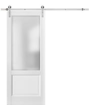 Sliding Barn Door 36 x 84 with Stainless Steel 6.6ft Hardware | Lucia 22 Matte White with Frosted Opaque Glass | Top Mount Rail Hangers Sturdy Silver Set | Lite Wooden Solid Panel Interior Doors