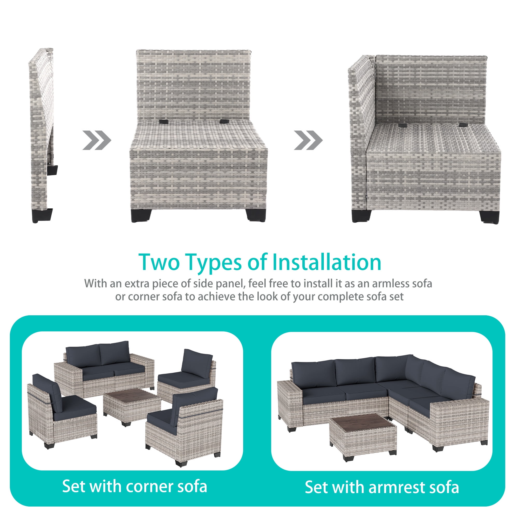 Sweecci 12 Piece Outdoor Patio Furniture Set, Ergonomic Wicker Patio Sectional Sofa with Stable Feet, 4" Cushions Conversation Set with Wood Table for Backyard Garden Deck,Dark Grey