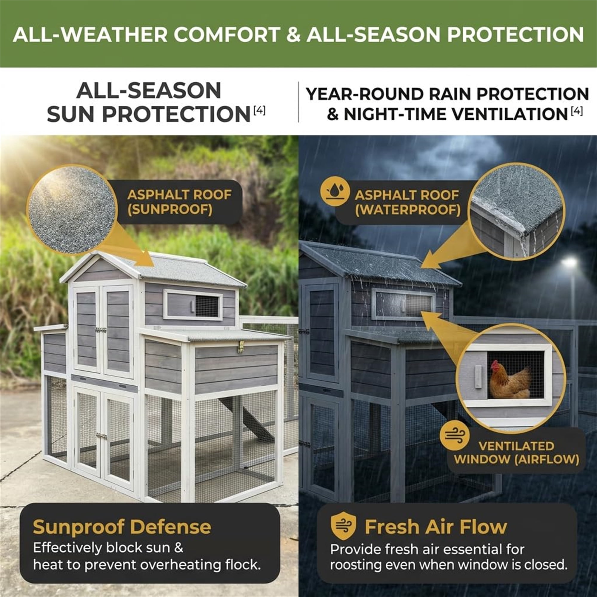 Aukfa 150" Extra Large Chicken Coop Wooden 2 Tier Chicken Run Cage with 4 Nesting Boxes, Waterproof Roof for Outdoor, Backyard, Gray