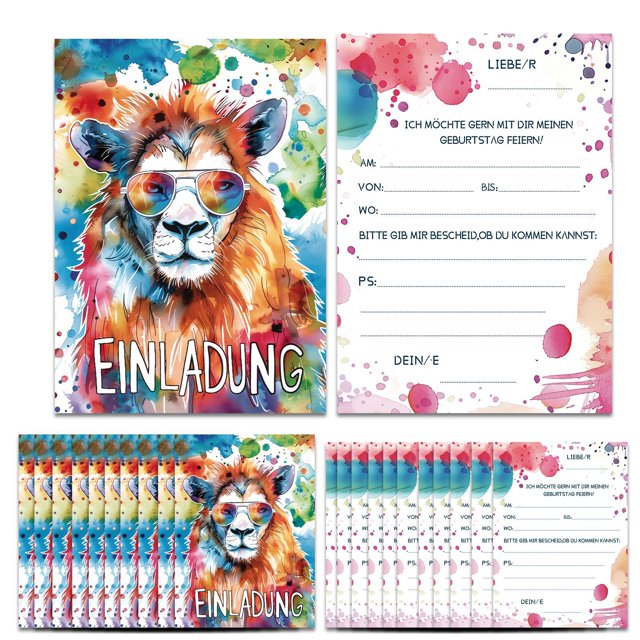 Tarjeta de invitación con unicornio alemán, tarjeta de cumpleaños, suministros para fiestas de arcoíris, pegatinas de diseño
