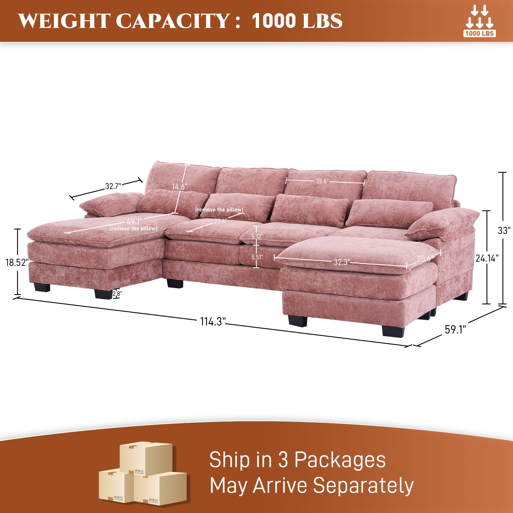 Rophefx 114.3" U Shaped Sectional Couches for Living Room,Cloud Couch,4 Seats Chenille Couch with Double Layer Cushion,Pink