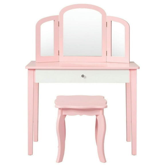 Spaco Kids Princess Make Up Dressing Table with Tri-folding Mirror and Chair-Pink, Girls Vanity for Girls Kids