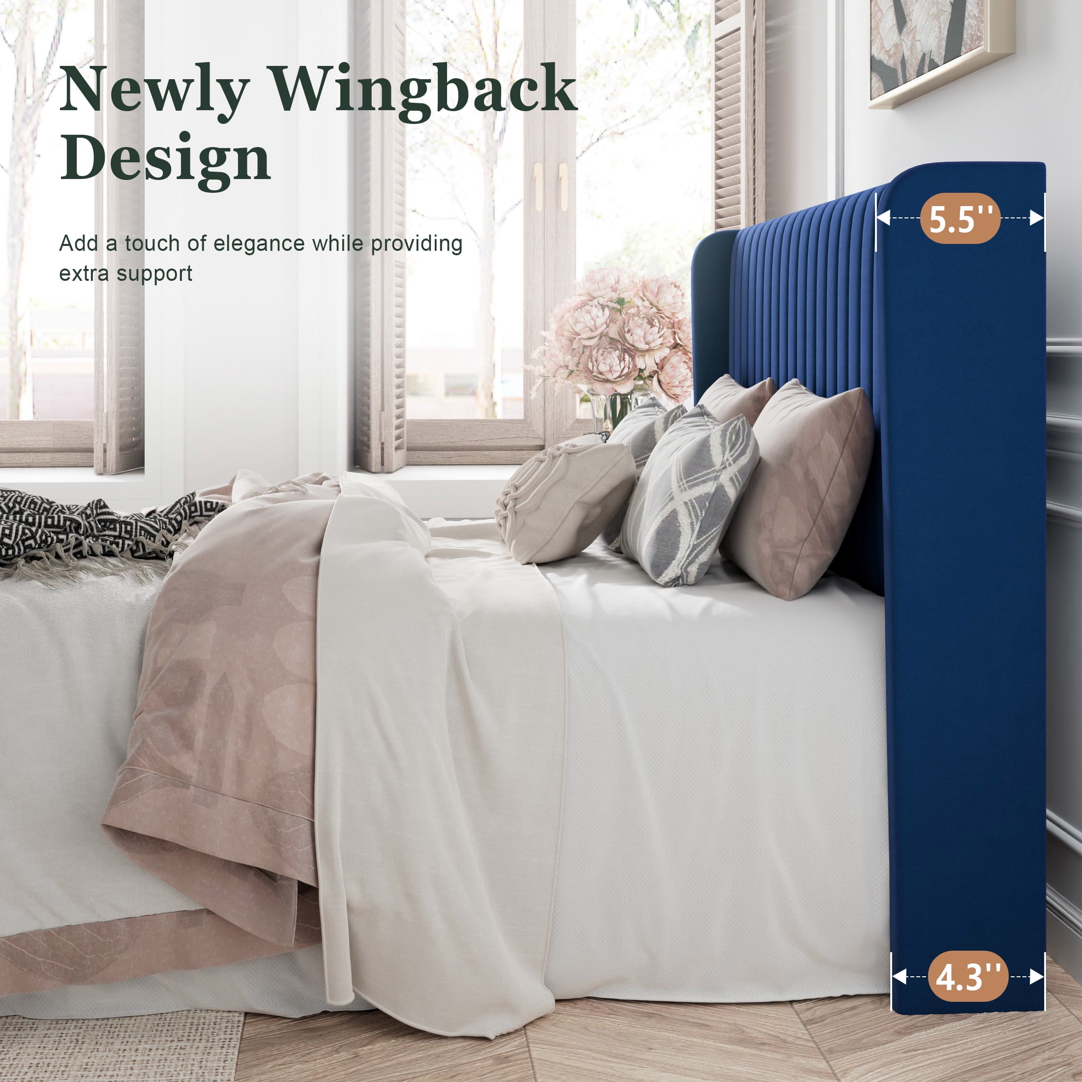 Amolife Uptown Full Size Wingback Headboard Velvet Wingback Bed with Slats, Dark Blue  (图4)