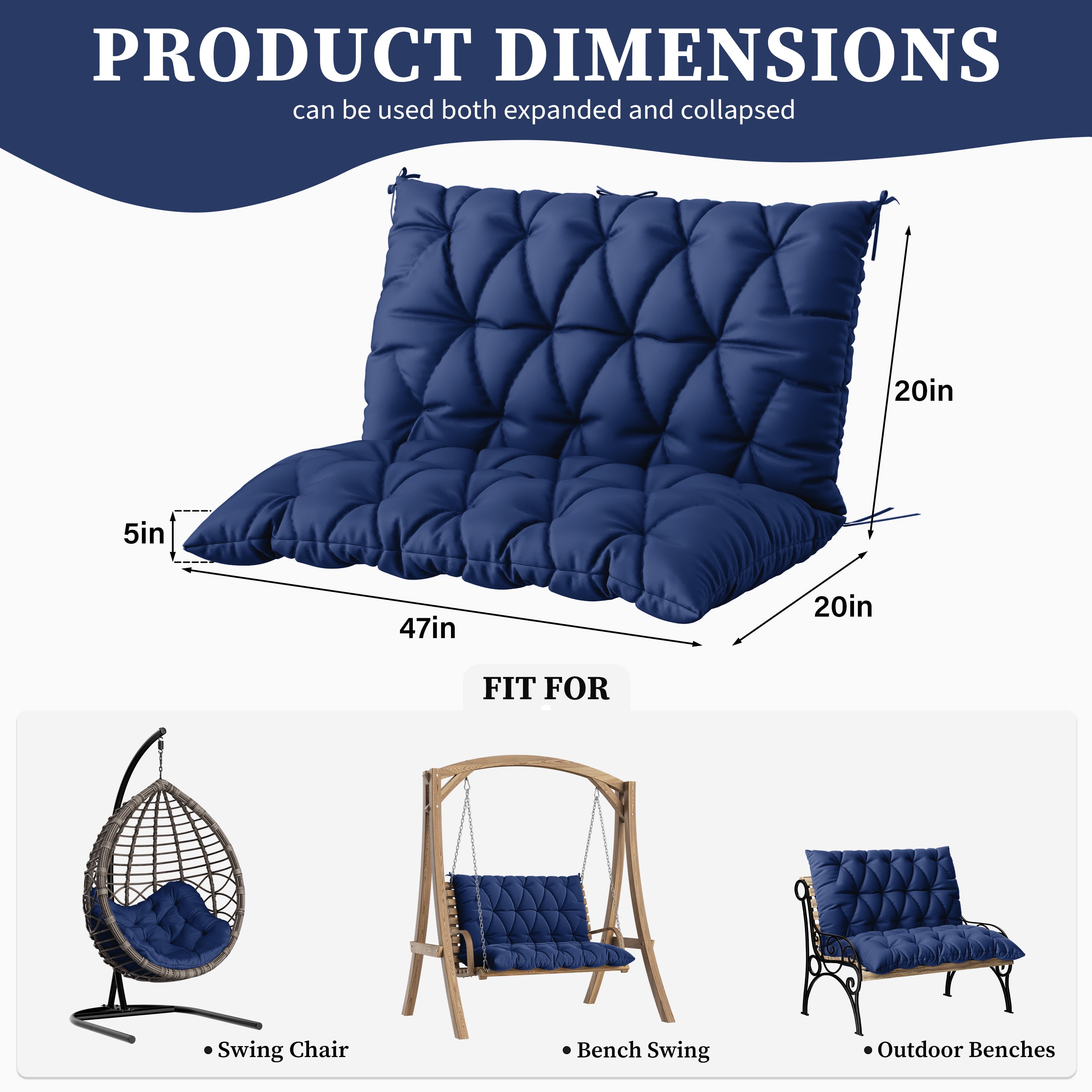 Snubbull Swing Replacement Cushion, Outside Bench Cushion with Backrest, 1-2 Seater Cushion with 6 Ties for Outdoor Furniture, 47 x 40 x 5 Inches Porch SwingCushion Garden Bench, Blue