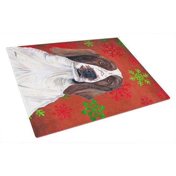 Welsh Springer Spaniel Red  Green Snowflakes Holiday Christmas Glass Cutting Board Large