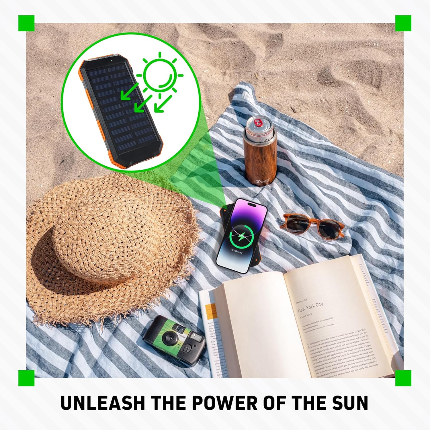 Chargeworx Solar Power Bank and Wireless Charger, 15,000 mAh Battery Pack with Dual LED Flashlight