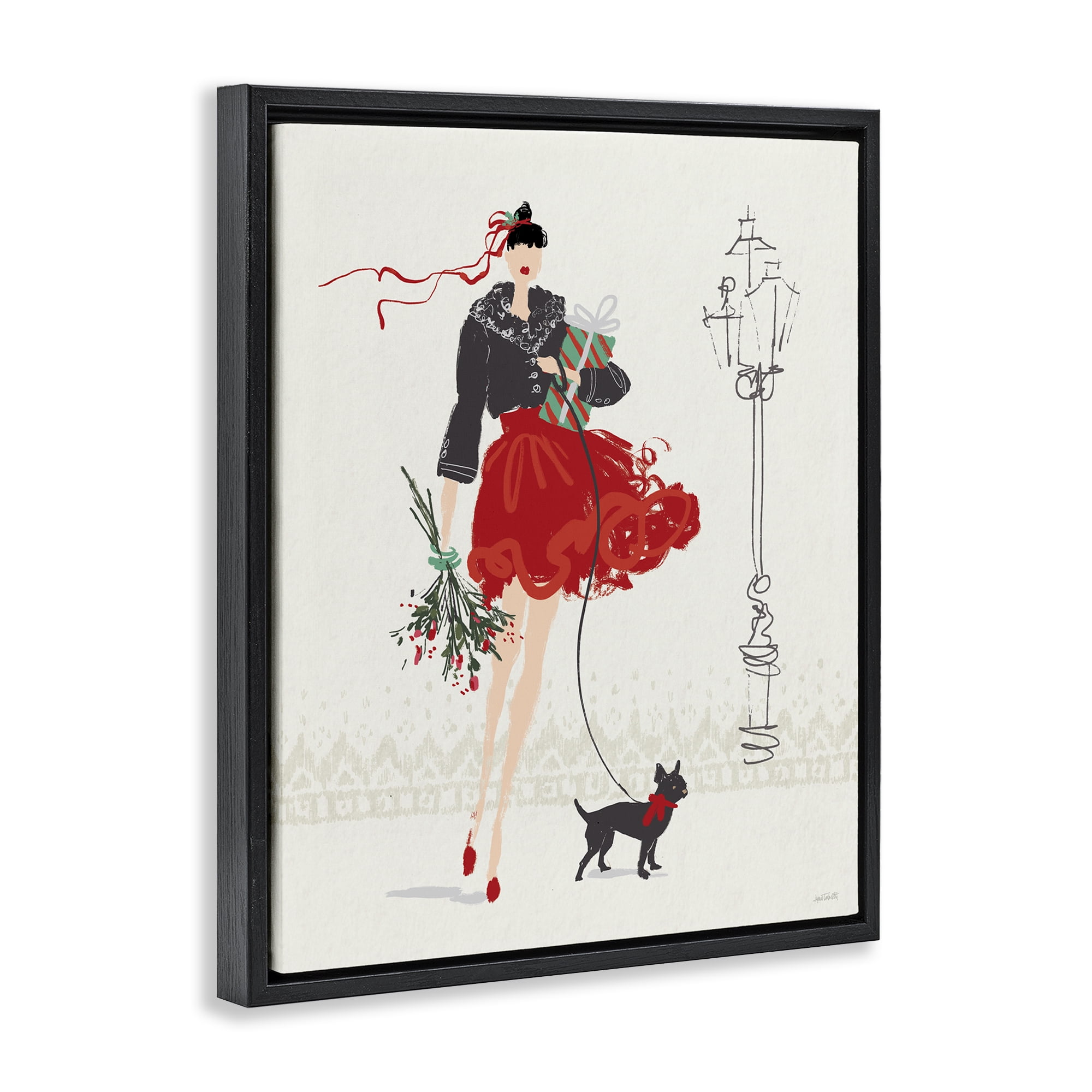 Stupell Industries Holiday Fashionista Girl Holiday Painting Black Floater Framed Canvas Art Prints Wall Art, 17 x 21