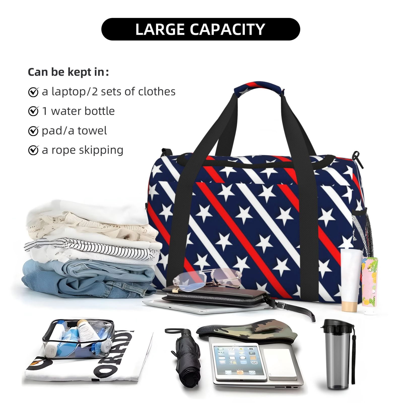 Fuzoiu Patriotic Star Print Travel Duffle Bag,Carry On Tote Bags,Duffel Bag,Sport Gym Bag, Hospital Bag for Labor and Delivery, Overnight Bag,Luggage Bag