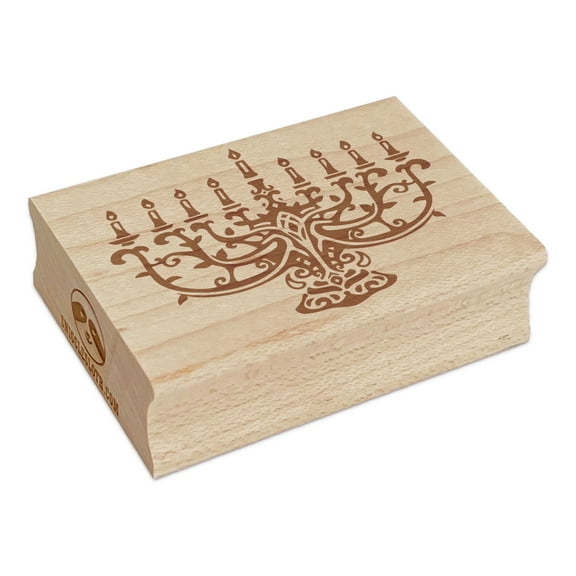 Elegant Intricate Hanukkah Menorah with Candles Candelabrum Candelabra Rectangle Rubber Stamp Stamping Scrapbooking Crafting - Small 1.7in
