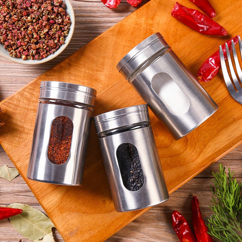 Salt and Pepper Shakers Set with Adjustable Pour Holes, Stainless Steel