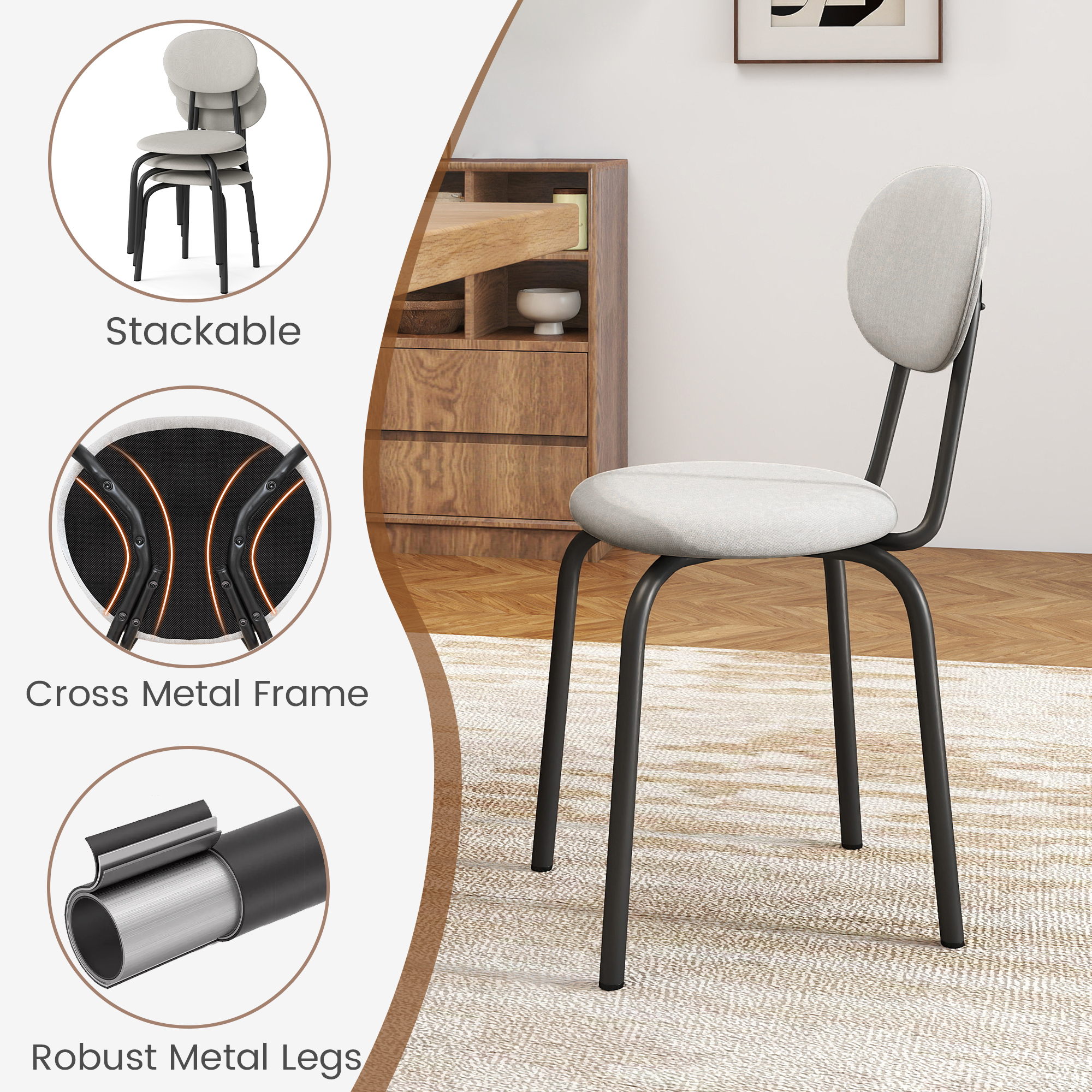 Melocadol Stackable Dining Chairs Set of 4, Modern Upholstered Dining Chairs with Comfortable Padded Seating, Steel Frame with 400 Lb. Capacity, Space Saving, for Kitchen, Dining Room, Beige