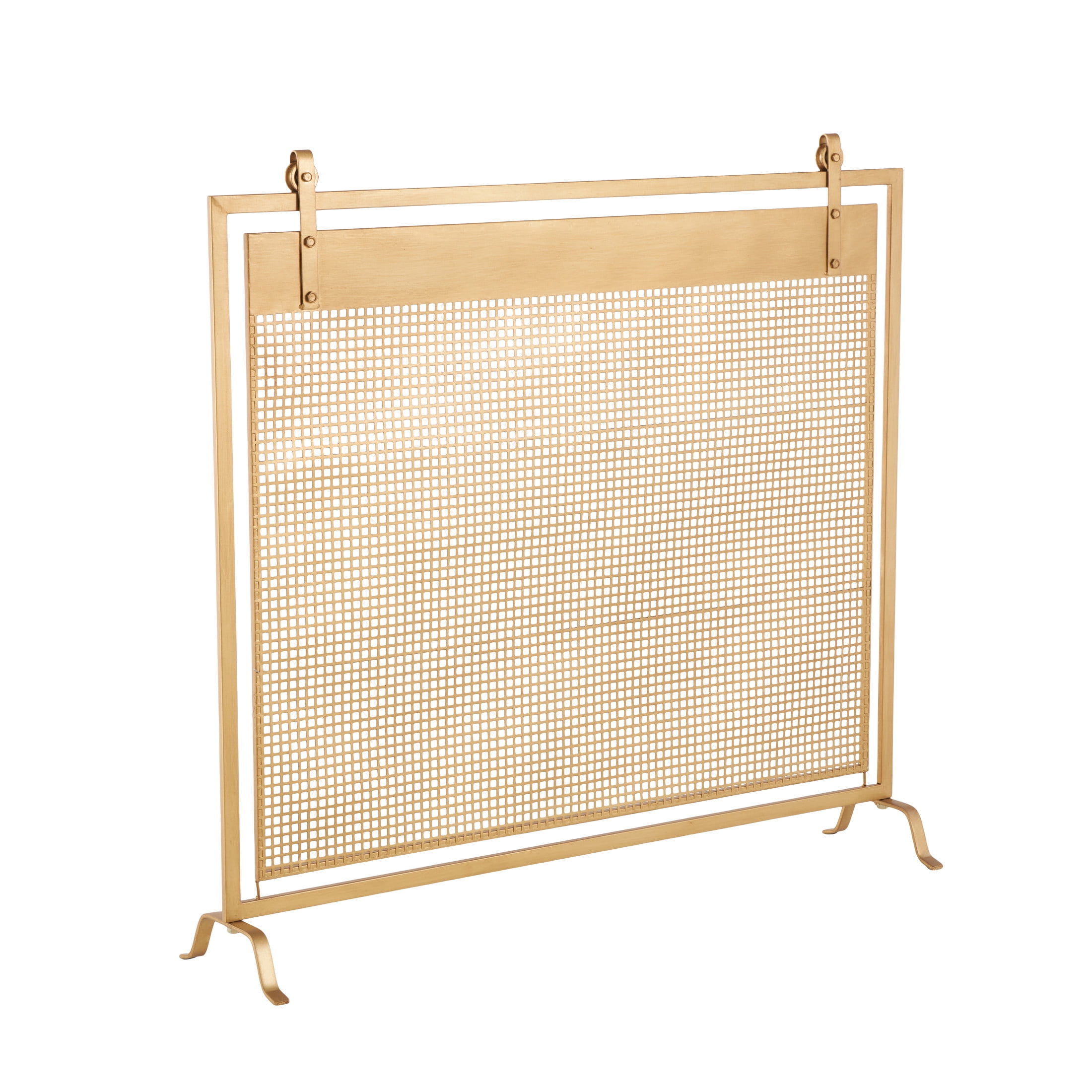 DecMode 38" x 36" Gold Metal Suspended Grid Style Netting Single Panel Fireplace Screen with Bolted Details, 1-Piece