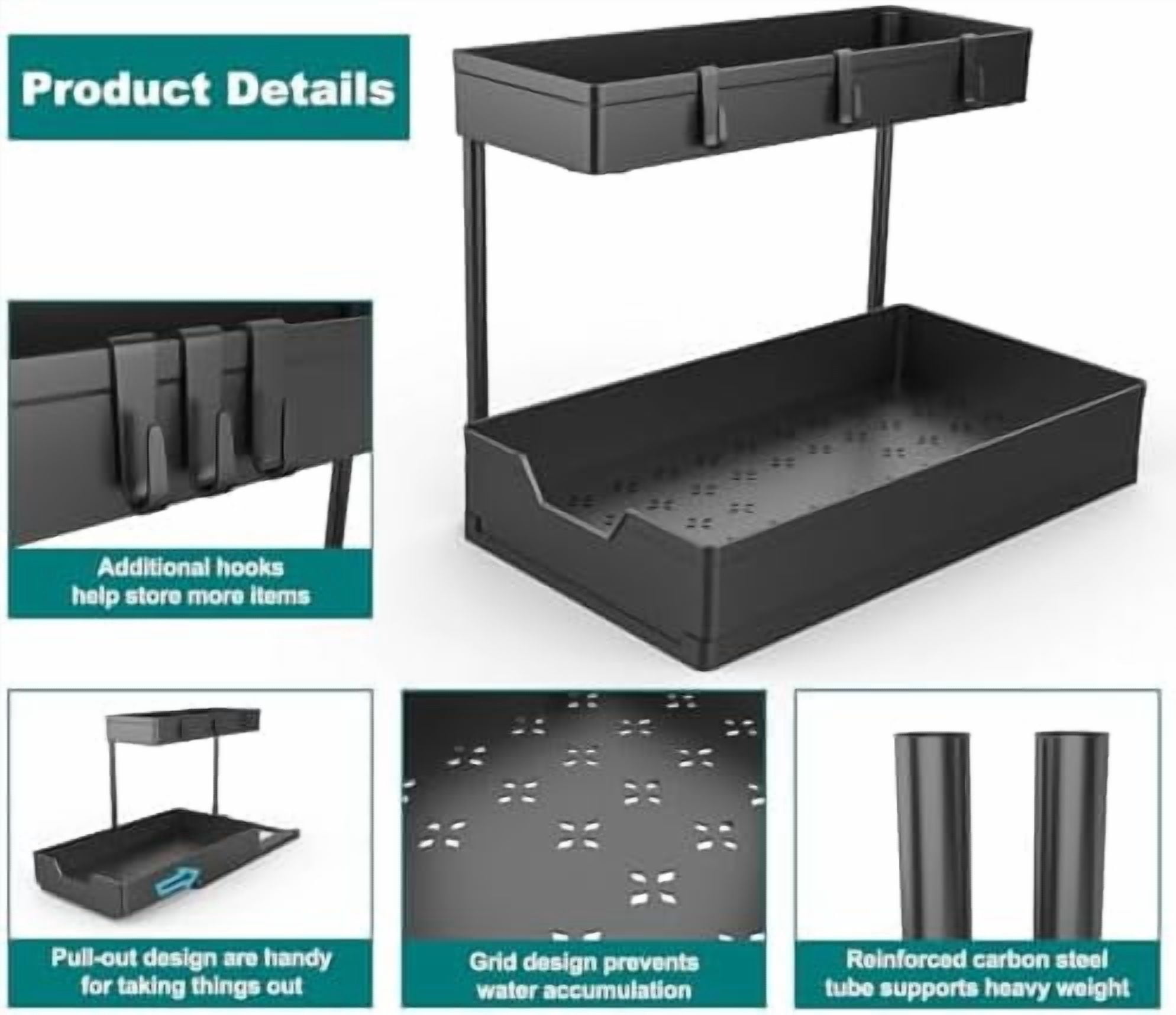 2 Pack Under Sink Organizer 2 Tier Sliding Cabinet Organizers Multi-Purpose Sink Storage Basket L-Shape Narrow Space Storage Shelves with 4 Hook for Kitchen Bathroom Drawer, Black