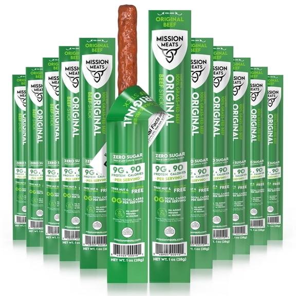 Mission Meats Beef Sticks – 100% Grass Fed & Pasture Raised, Sugar Free, Individually Wrapped Healthy Snacks, Whole 30 & Paleo, Original 1oz (12ct)