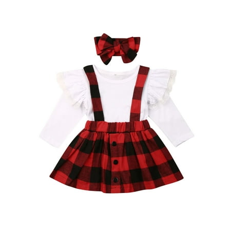 

wybzd Kids Baby Girls Clothes Long Sleeve Lace Tops Plaid Suspender Skirt Headband 3PCS Christmas Outfits Red 4-5 Years