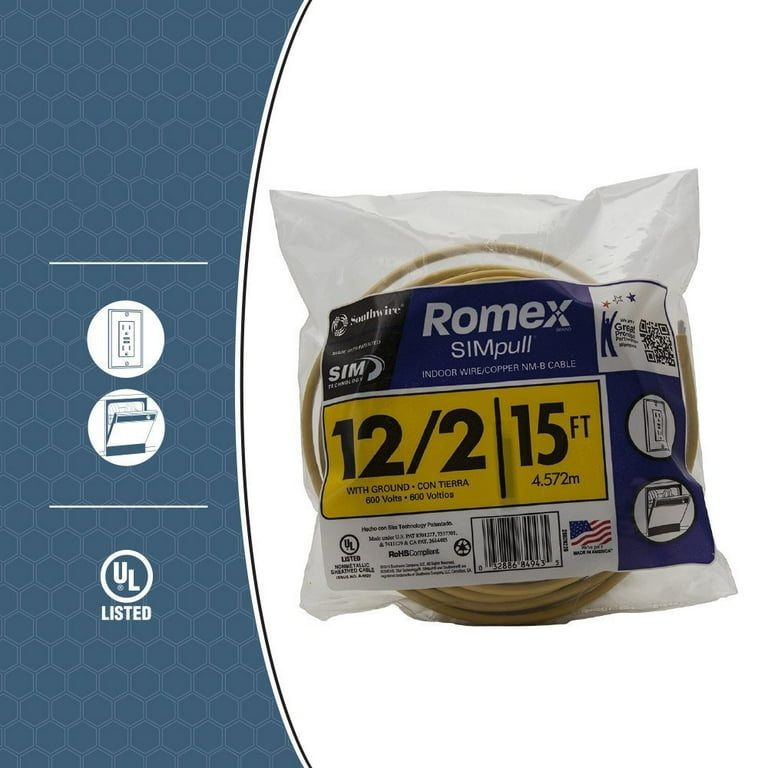 Southwire House Electric Cable, 14/2 Romex SIMpull, 15' Copper