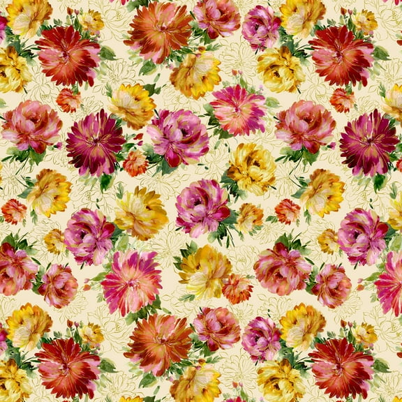 Timeless Treasures Floral Metallic Peonies Cream 100% Cotton Fabric by The Yard