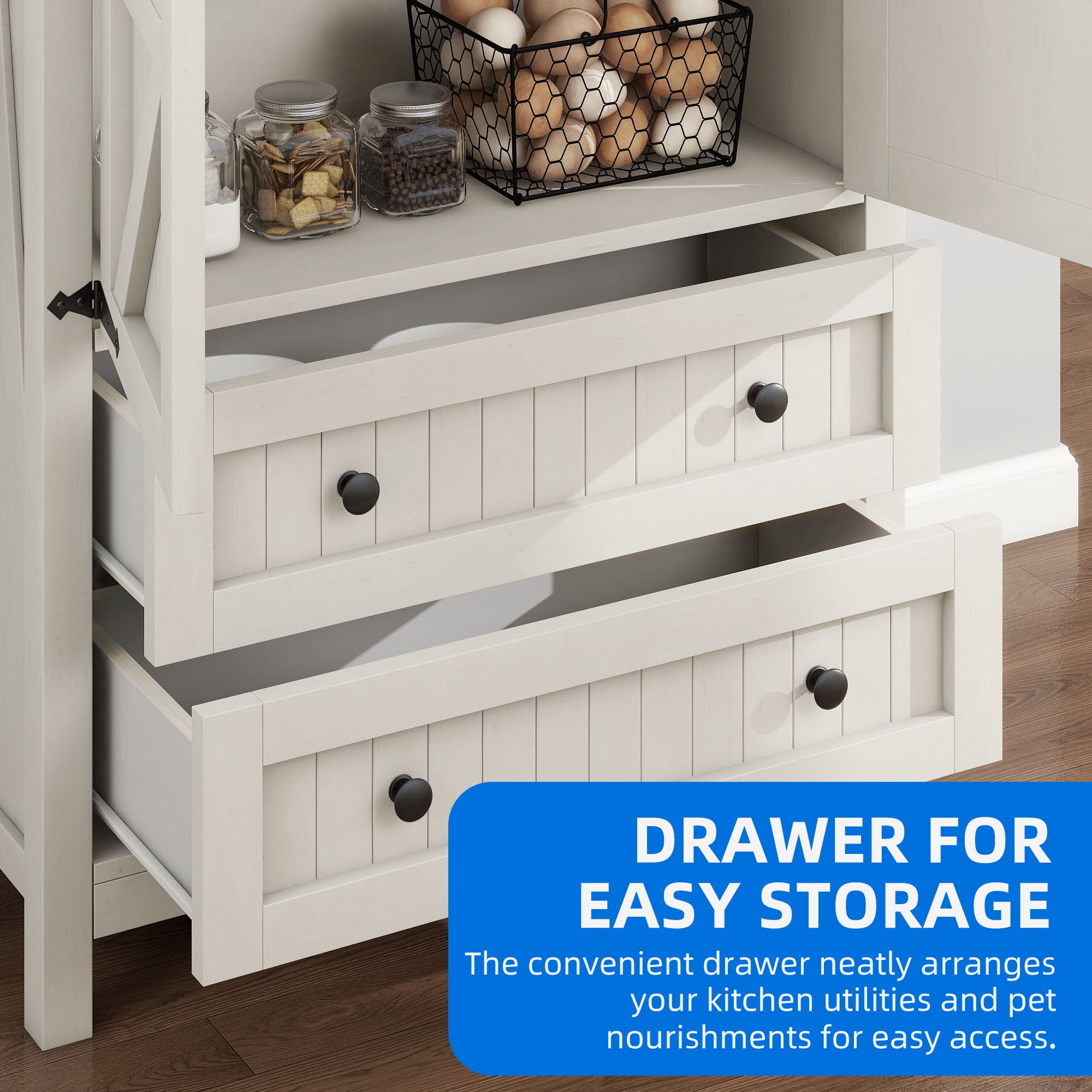 Uforic Farmhouse Kitchen Pantry Storage Cabinet with Doors & Drawers, White