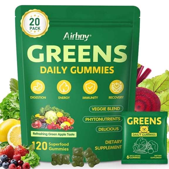 Greens Daily Gummies - with Spirulina, Chlorella, Prebiotics & Fiber - Promote Digestion and Gut Health - 120count