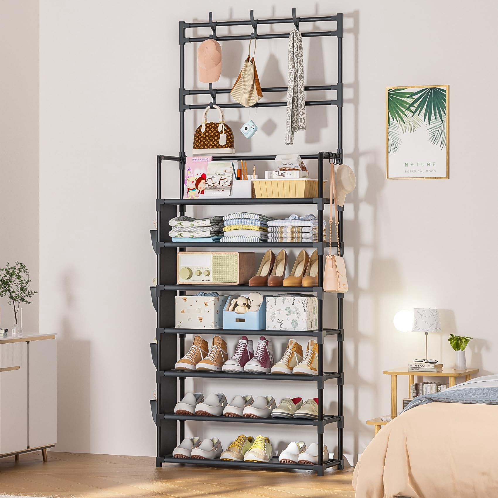Shoe Rack 7 Tier Organizer Storage 21-28 Pairs Closet Shoes For Front Door Entrance With Hooks Side Pocket Entryway Large Capacity Shelf Tower Garage