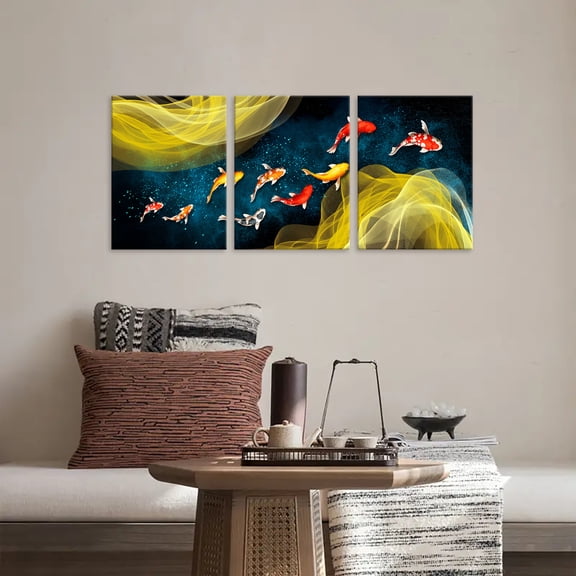 Room Decor 3pcs Golden Koi Fish Canvas Wall Art Set, Frameless, Modern Fantasy Decor, High-Definition 8K, Odorless, Waterproof, Perfect for Living Room, Bedroom, Office - Yellow