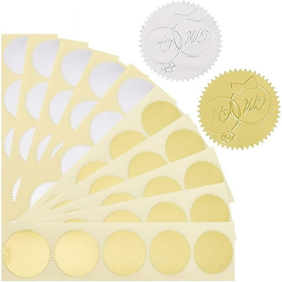 200Pcs 1.77 Inch Blank Embossing Stickers Gold Foil Stickers Gear Round Silver Self Adhesive Paper Envelope Embossed Seal Stickers for DIY Scrapbook Stamp Invitation Certification Graduation