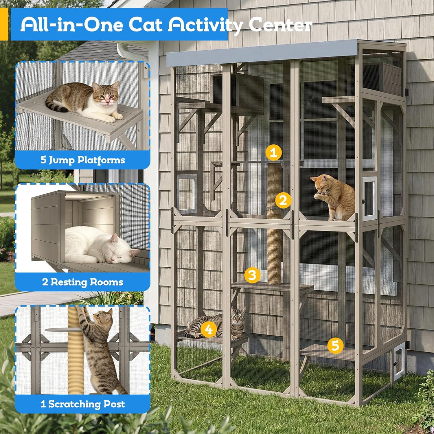 99.5" Extra-Tall Outdoor Cat Enclosure, Window-Attached Catio with 8 Platforms & Bug-Proof Mesh, Large Wooden Cat House, Grey