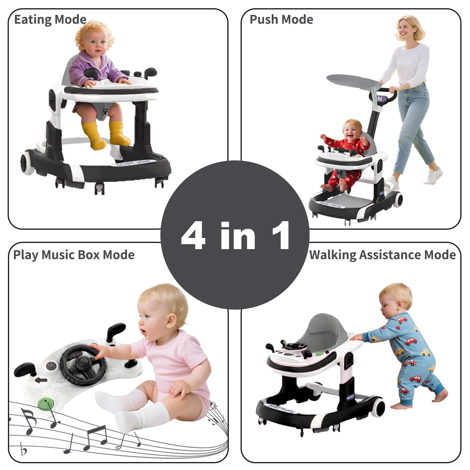 HENG Co. 5-in-1 Foldable Baby Walker with Foot Pads & Handles for Boys and Girls 6-24 Months, Black