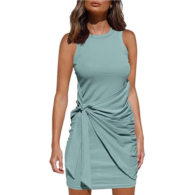 Robe d'Été Sans Manches pour Femmes avec Ceinture Irrégulière Col Rond Aguichant Mini Robe Moulante
