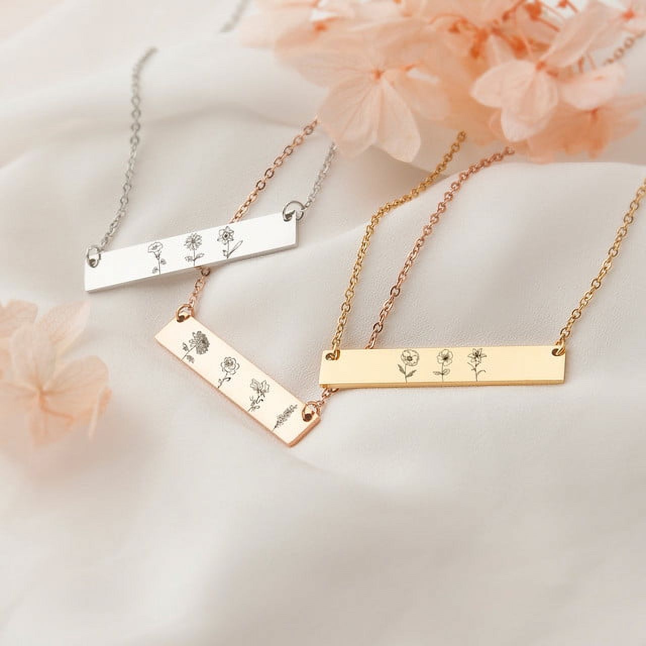 Personalized Birth Flower Family Bar Necklace for Her - Combined Birth Flower Necklace - Poppy Necklace with Back Engravable Name - Bithday gift for Mom
