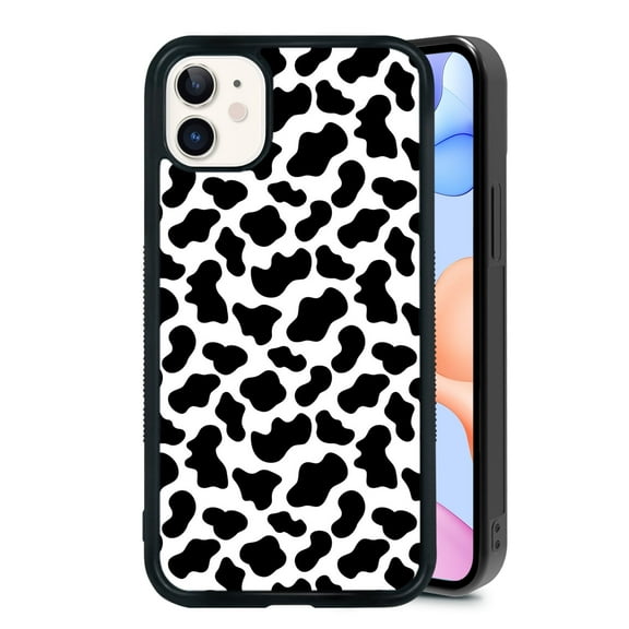 Classic Cow Print for iPhone 12/12 Pro Case, Cute Aesthetic Black White Cowhide Leather Shock-Absorbent Protective,Black