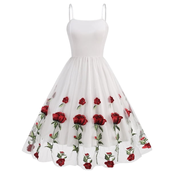 Vestido de Cóctel de Verano, Camisola Gasa Vestido sin Mangas con Bordado Rosa, Estilo de Fiesta de Cóctel de las Mujeres