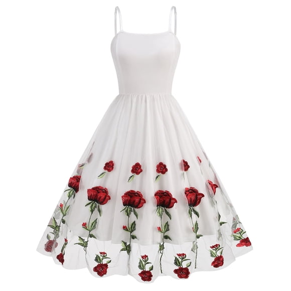 Birdeem Dresses for Women Womens Summer Camisole Gauze Rose Embroidery Retro Style Cocktail Dress