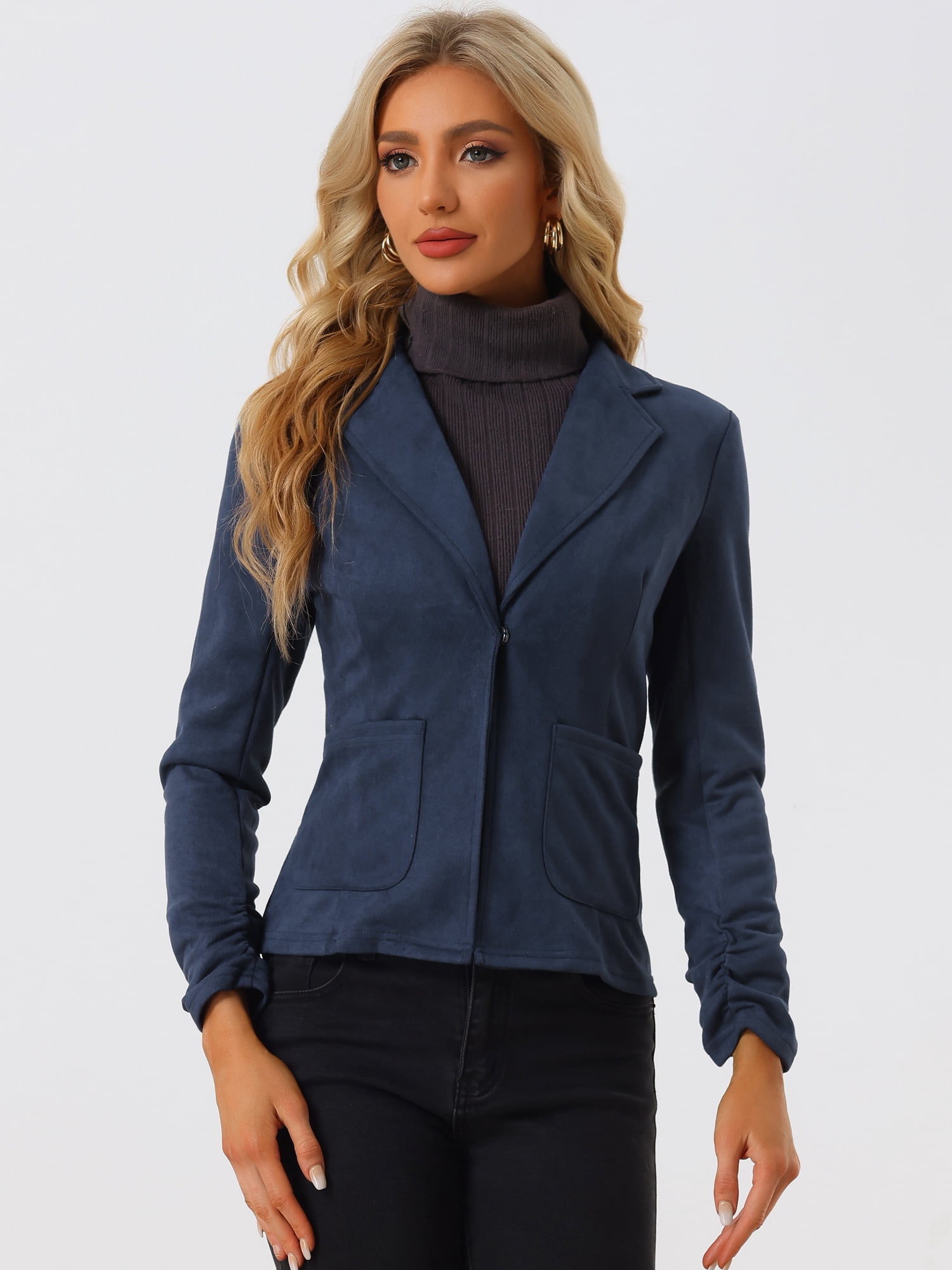 DARING DIVA Women's Long Sleeve Open Front Faux Suede Blazer XS Dark Blue