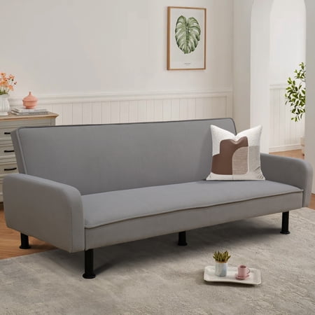 Aukfa 78" Square Arm Futon Sofa Bed Upholstered 3 Seat Couch for Home Office, Flannel, Gray
