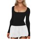 thumbnail image 5 of Vestido de Manga Corta para las Mujeres, Color Sólido Encaje Hasta Cintura Retracta Satén Tenedor Dividido, Cuello Redondo Midi, 5 of 8