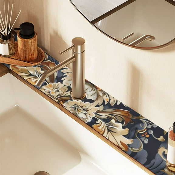 Floral Gold Sink Splash Guard Faucet 14.7x5.4in Drying Mat Drying Mat Absorbent Pad for Bathroom Kitchen 1PCS