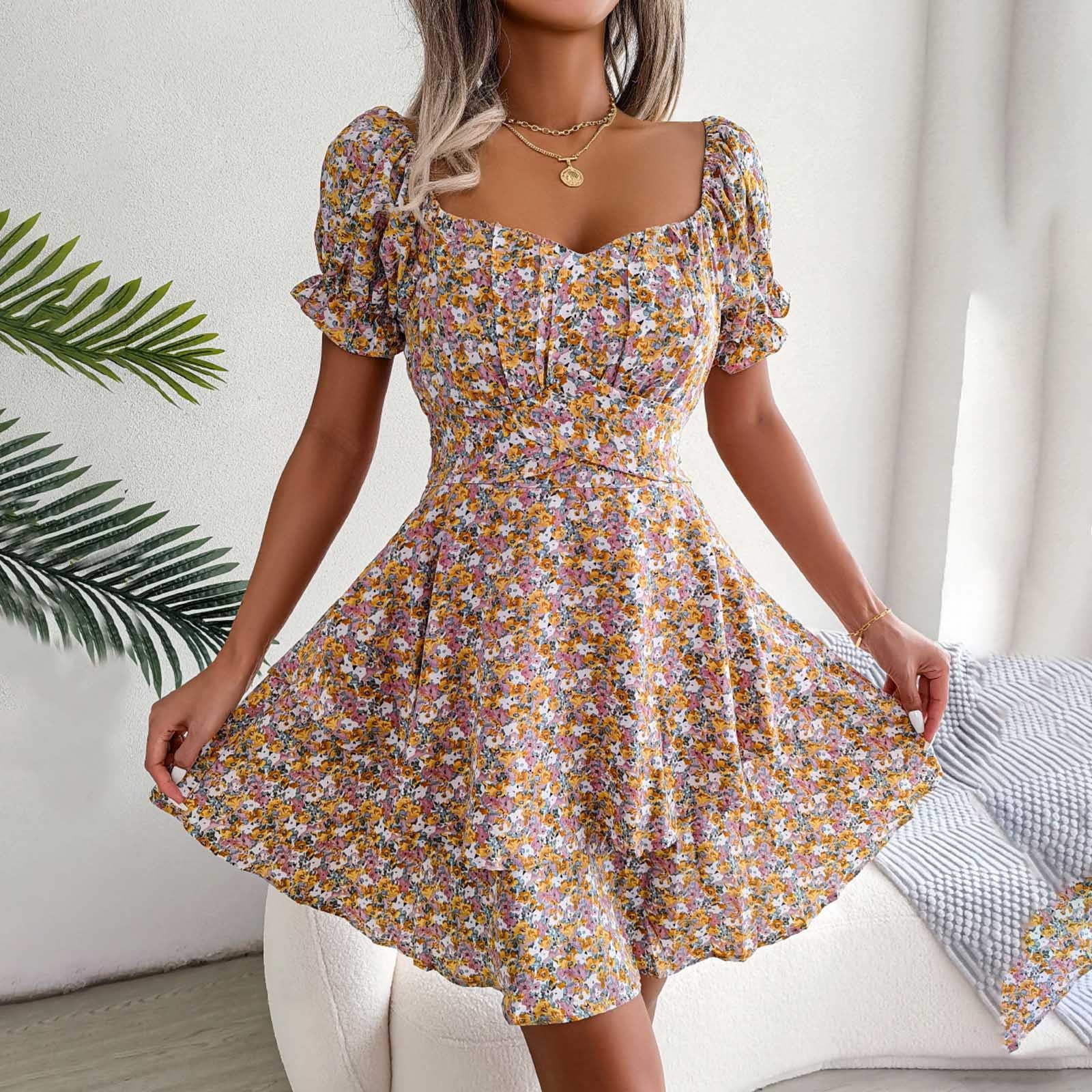 Finelylove Sundresse For Woman Dresses That Hide Belly Fat V-Neck Printed  Short Sleeve Mini Yellow 