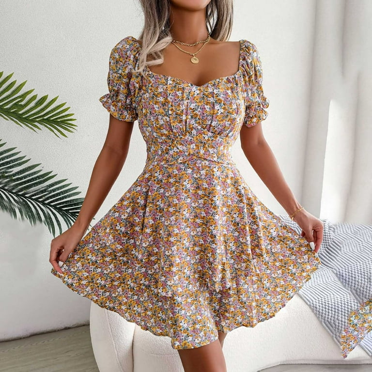 Finelylove Sundresse For Woman Dresses That Hide Belly Fat V-Neck Printed  Short Sleeve Bodycon Multicolor
