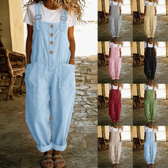 THDHVS Pants for Women,Solid Color Linen Spaghetti Strap Jumpsuit with Pockets Loose Summer Casual Outfit,Womens Pants Casual Wine 2XL