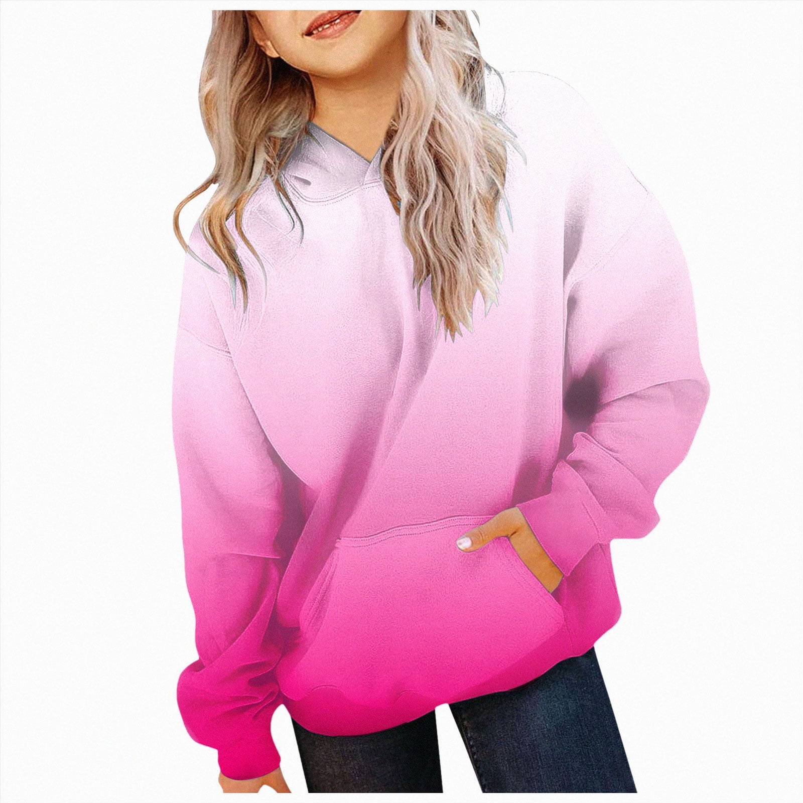 11-12 Years Teen Girls Hoodie Gradient Lined Hoodie Comfortable Soft Warm Tie Dye Print Casual Outerwear Jackets & Coats Hot Pink Sweatshirt