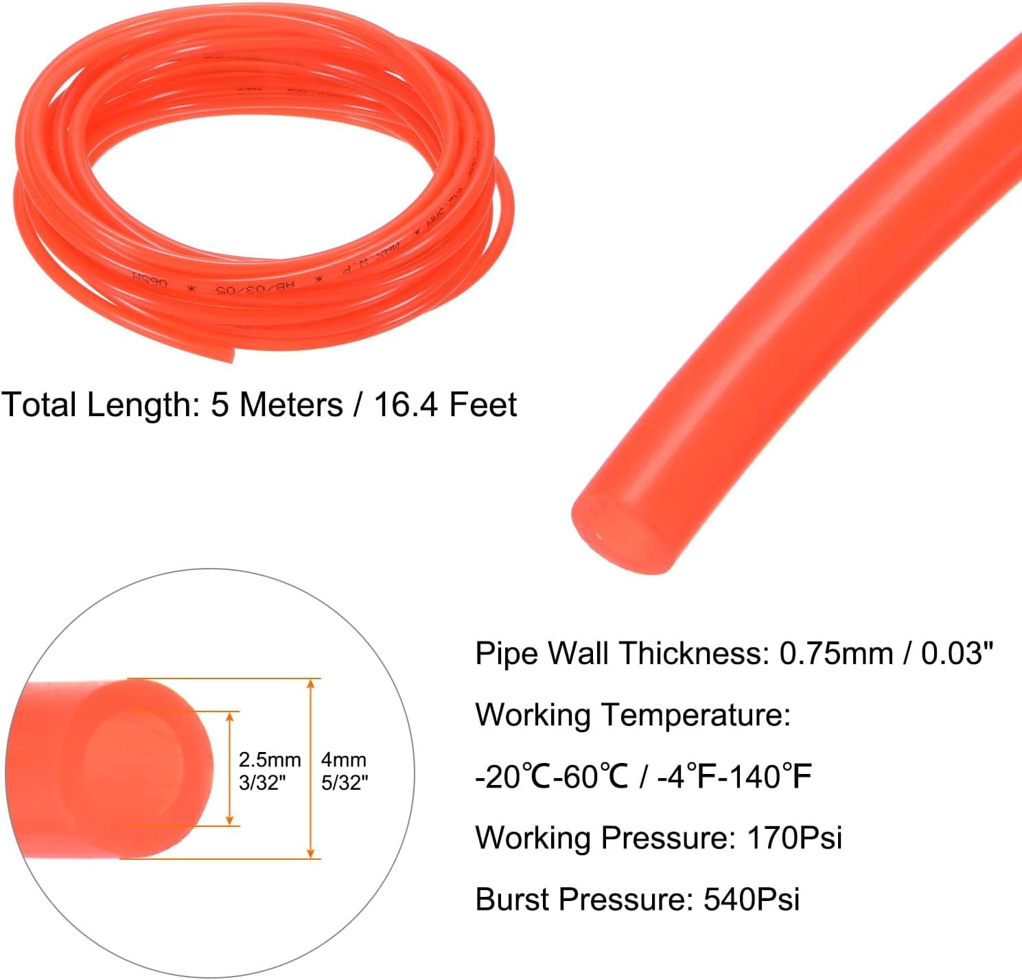 MKEUDQ-Pneumatic Tubing Pipe Pu Hose 4mm OD x 2.5mm ID 5 Meters(16.4 FT) Air Compressor PU Polyurethane Line Hose Tube for Air Compressor Water Fluid Transfer, Red