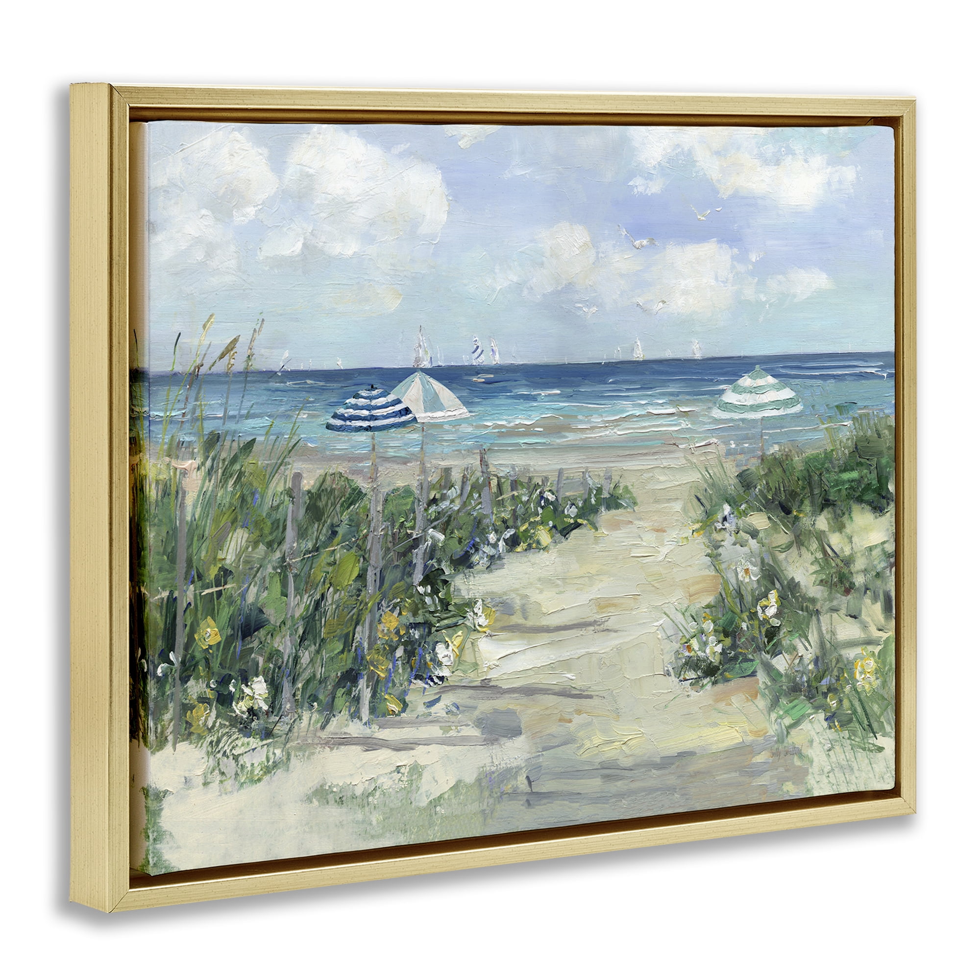 Stupell Industries Seaside Path To Striped Umbrellas Gold Framed Floater Canvas Wall Art, design by Sally Swatland