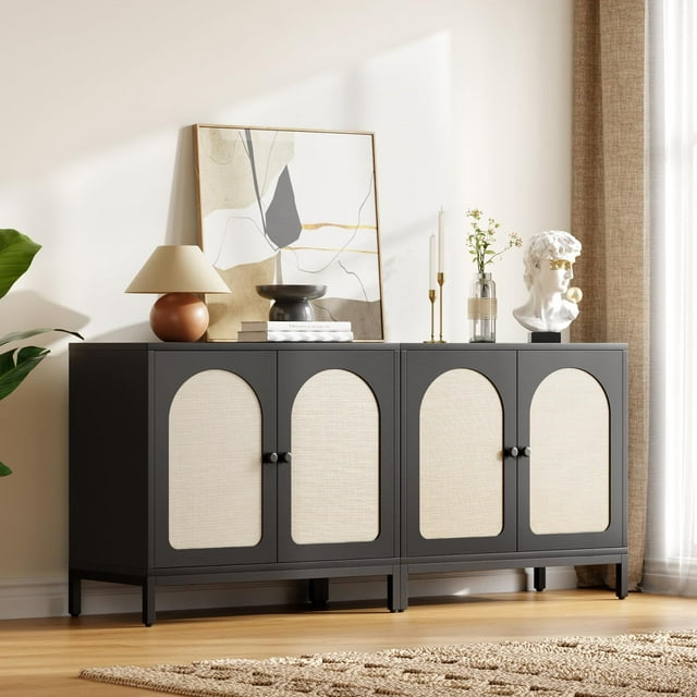 GloryStar Buffet avec Rangement, Armoire de Rangement en Rotin avec Portes, Tablette Ajustable pour Salon, Couloir, Noyer