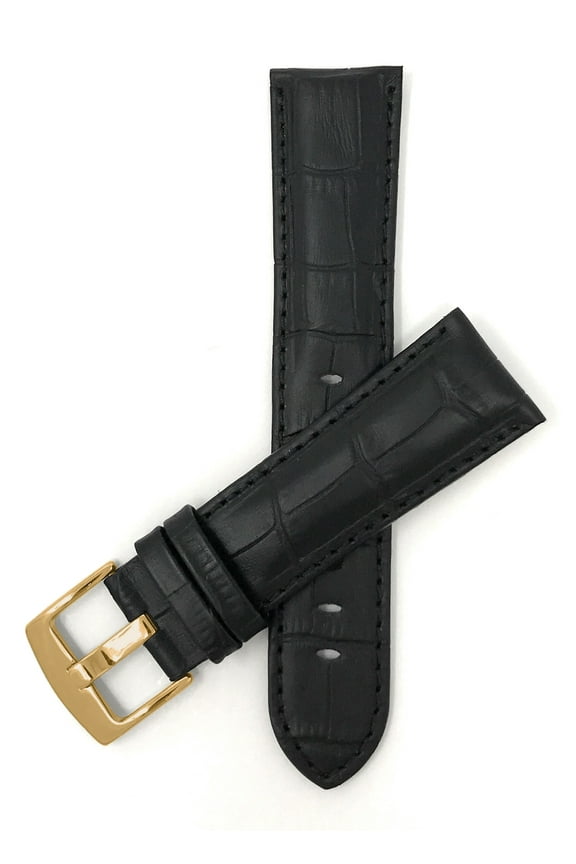 20mm Mens Leather Watch Band - Alligator Pattern Leather Watch Strap - Replacement Watch Band for Classic and Smart Watch - Black 20 mm Watch Band - Gold Buckle