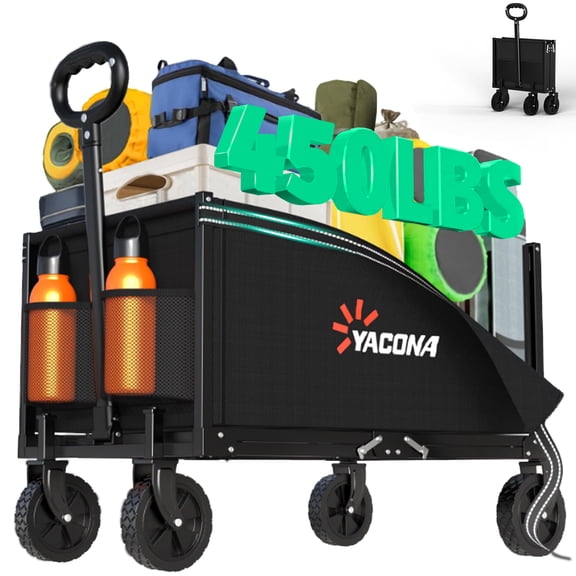 Yacona 3 in 1 Wagons Carts Foldable, Heavy Duty Collapsible Wagon with Wheels, Utility Cart for Beach Camping Grocery Shopping, 450lbs, Black